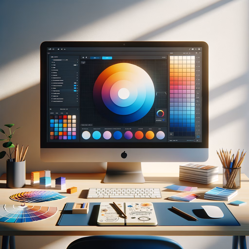 A variety of color palettes displayed alongside a laptop showing website design