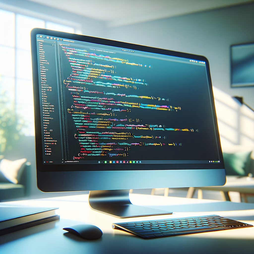 Close-up of JavaScript code displayed on a laptop with digital interface elements