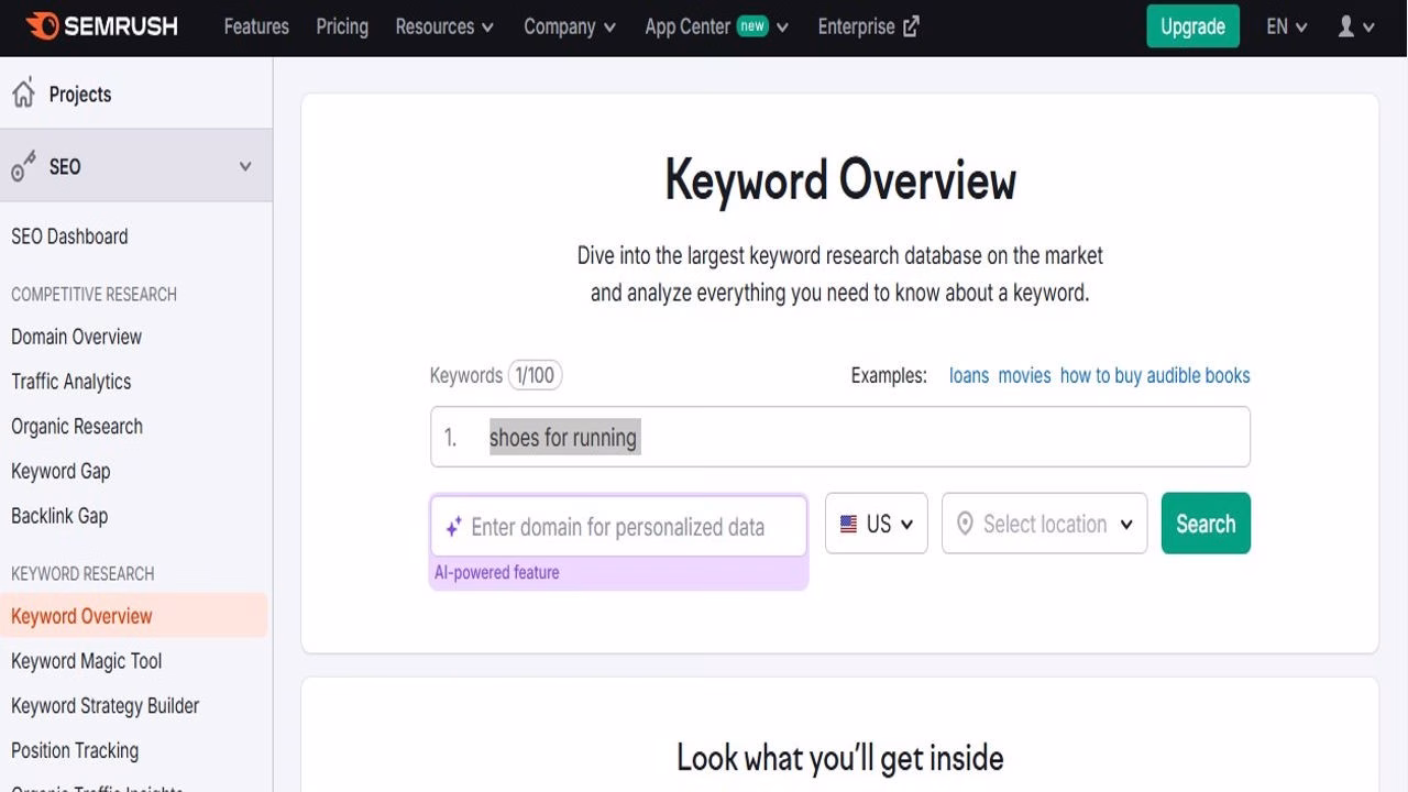 Image highlighting keyword overview in SEMrush Futurecept | Blogs Get a Keyword Overview