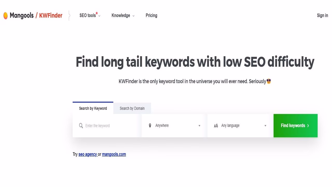 Image highlighting home page of Mangools KWFinder Futurecept | Blogs Home Page of Mangools Kwfinder