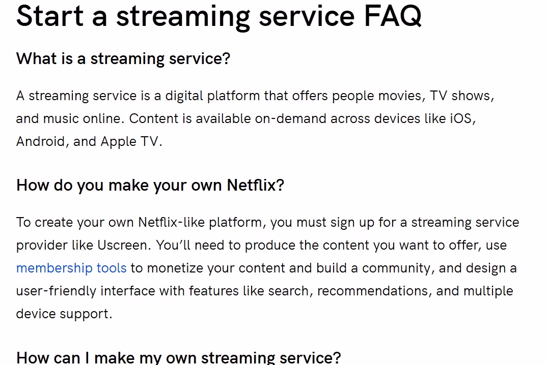 Uscreen Faq Section from a Blog