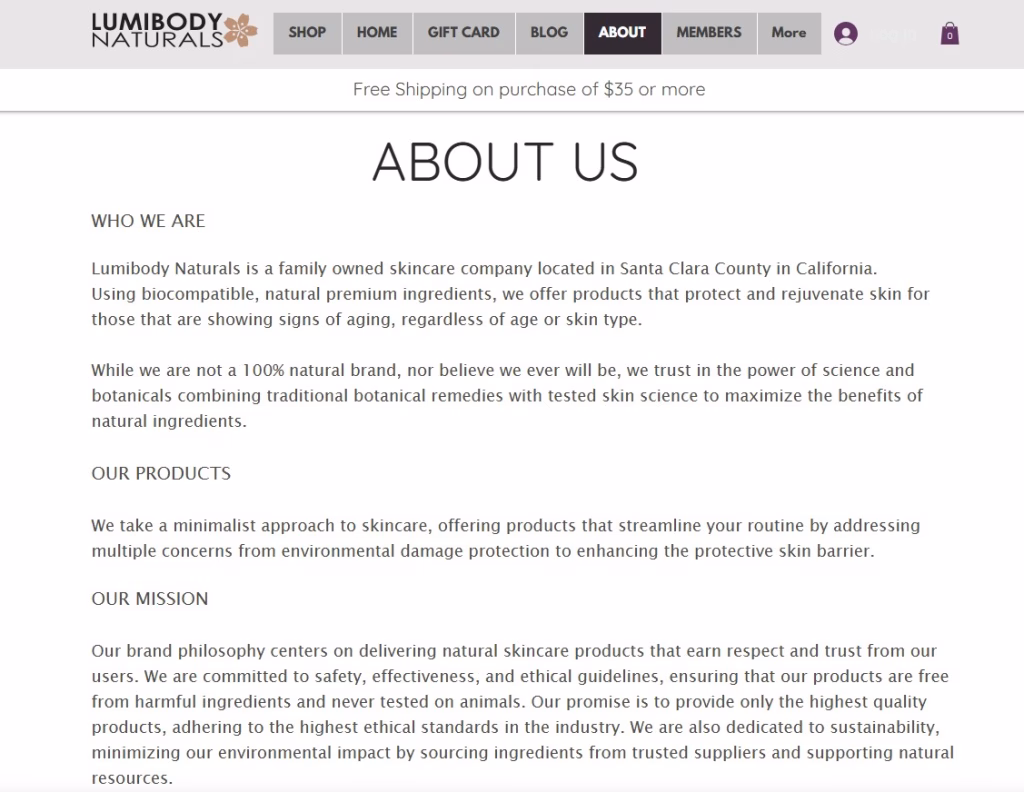 About Us Page of Lumibody Naturals a Skincare Brand